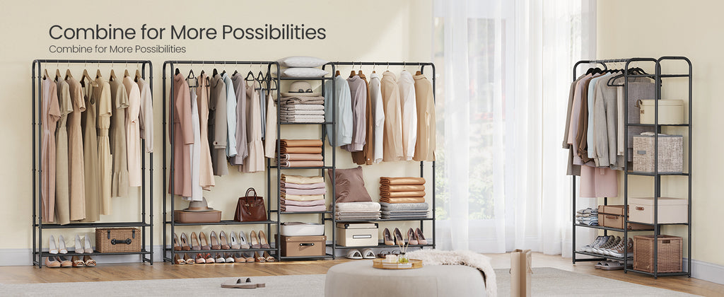 SONGMICS Clothes Hanger, Open Wardrobe, Clothes Rail, Clothes Rack with Storage Shelves, Metal Wardrobe, Freestanding