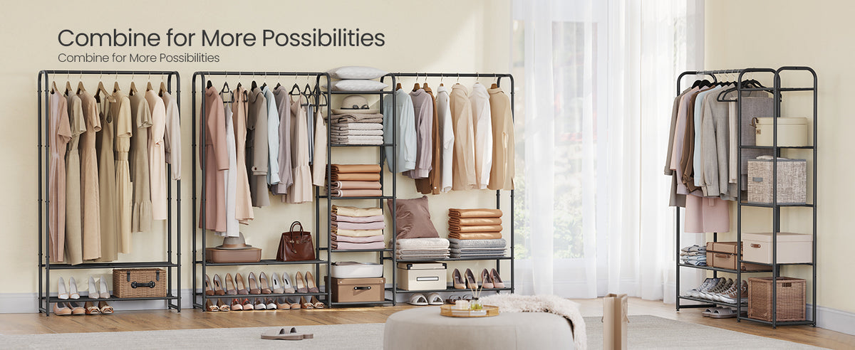 SONGMICS Clothes Hanger, Open Wardrobe, Clothes Rail, Clothes Rack with Storage Shelves, Metal Wardrobe, Freestanding
