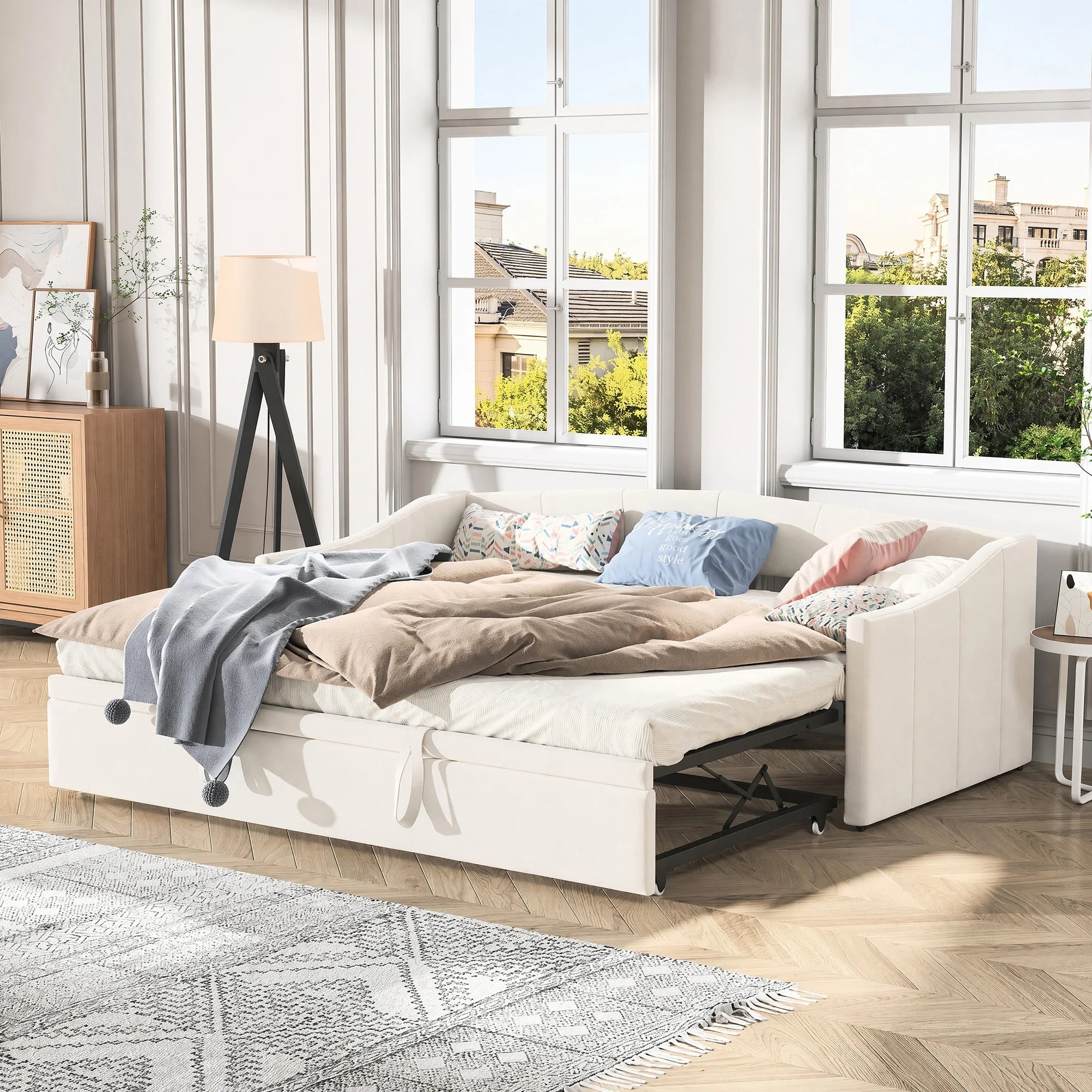 Woodenaura, 90 X 190 cm Upholstered Sofa Bed, Living Room Sofa, Dual-Purpose Living Room Sofa Bed, Multifunctional Pull-Out Sofa Bed, Single Guest Sofa Bed, Living Room Overnight Sofa, Velvet, Beige