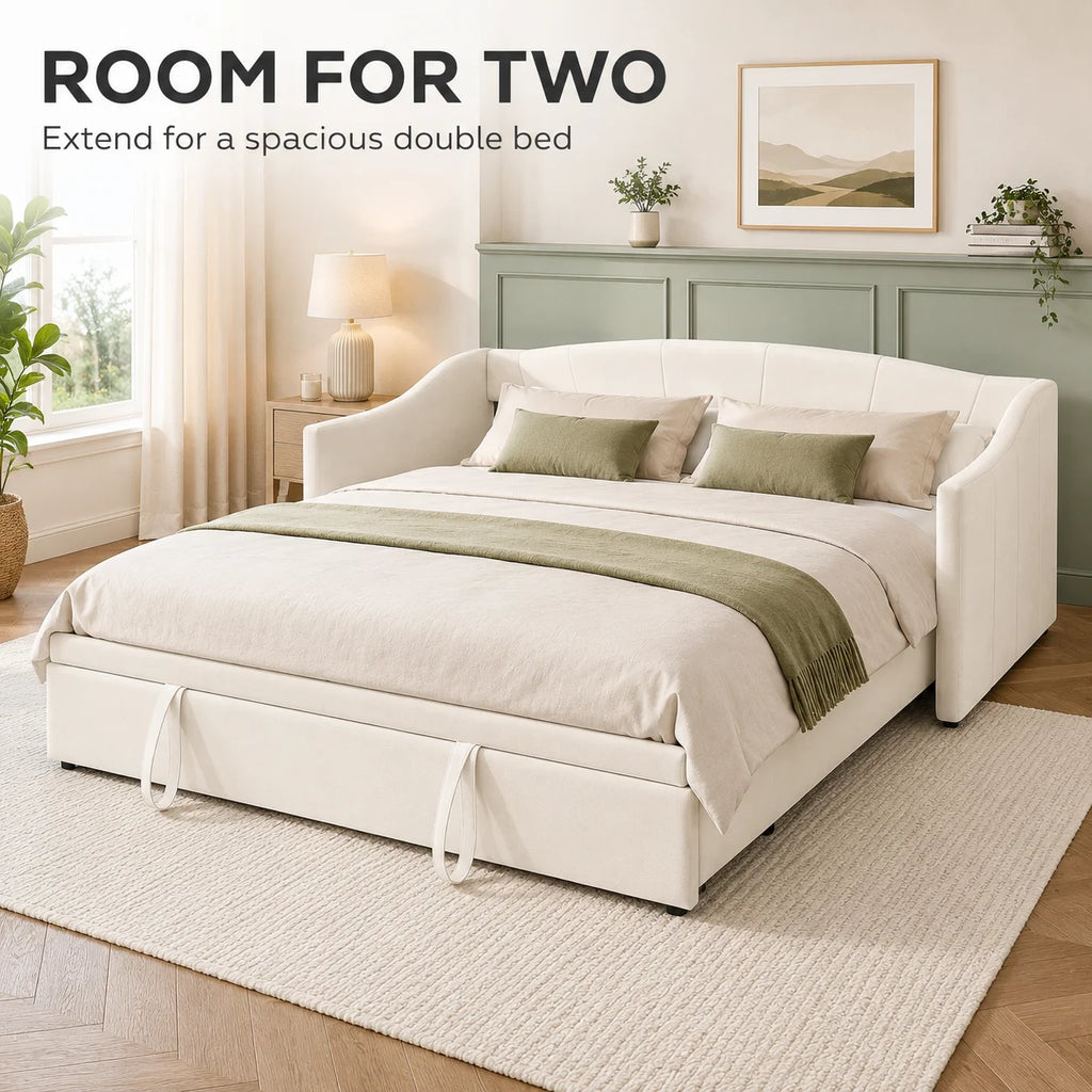 Daybed 90x190 cm, pull-out, sofa and guest bed, suitable for adults, children and teenagers, with beige velvet upholstery, without mattress