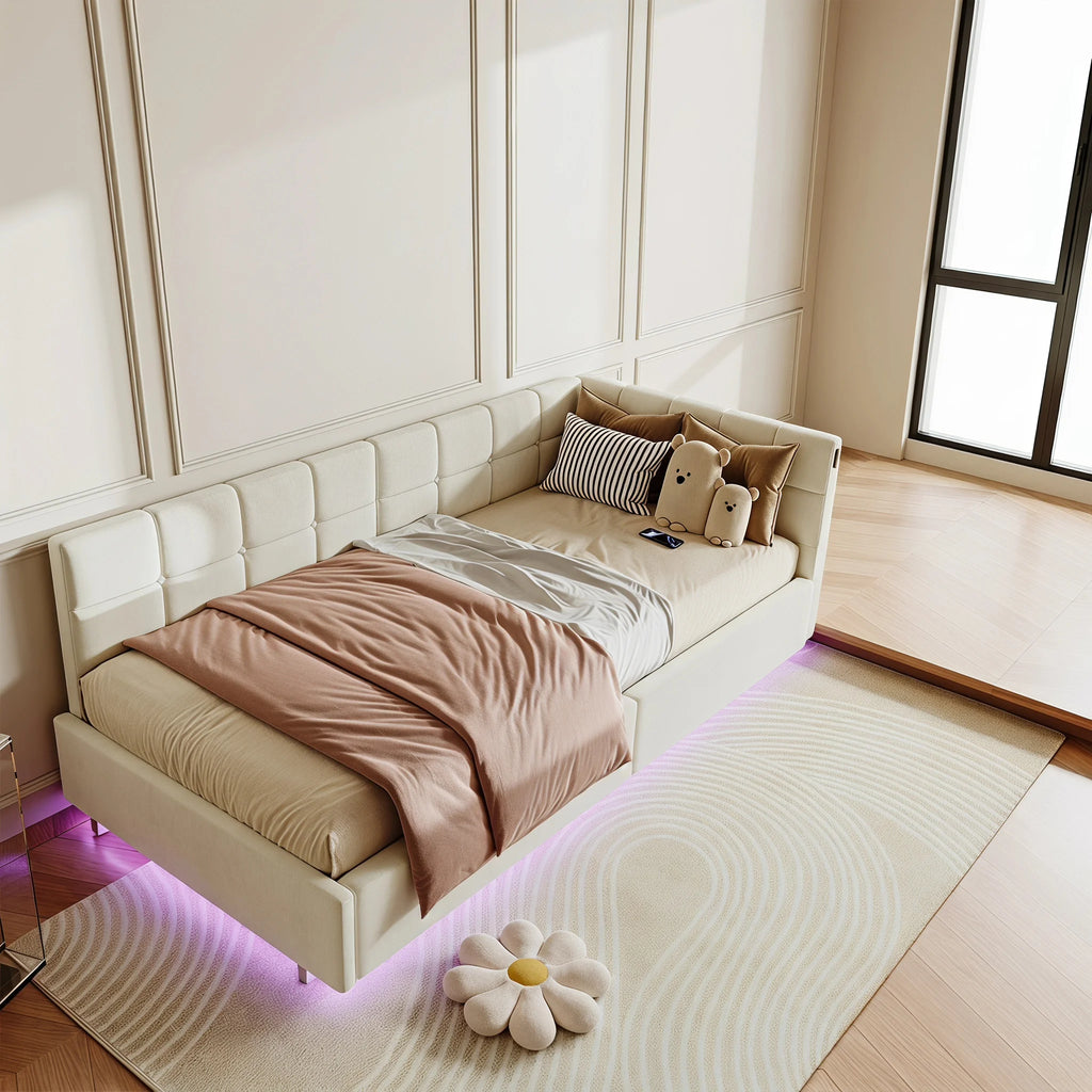 Single Bed 90x190 cm with Gas-Lift Storage, Floating Look and Metal Accents, Guest Bed and Daybed, Suitable for Adults and Children, without Mattress, in Grey Velvet Upholstery