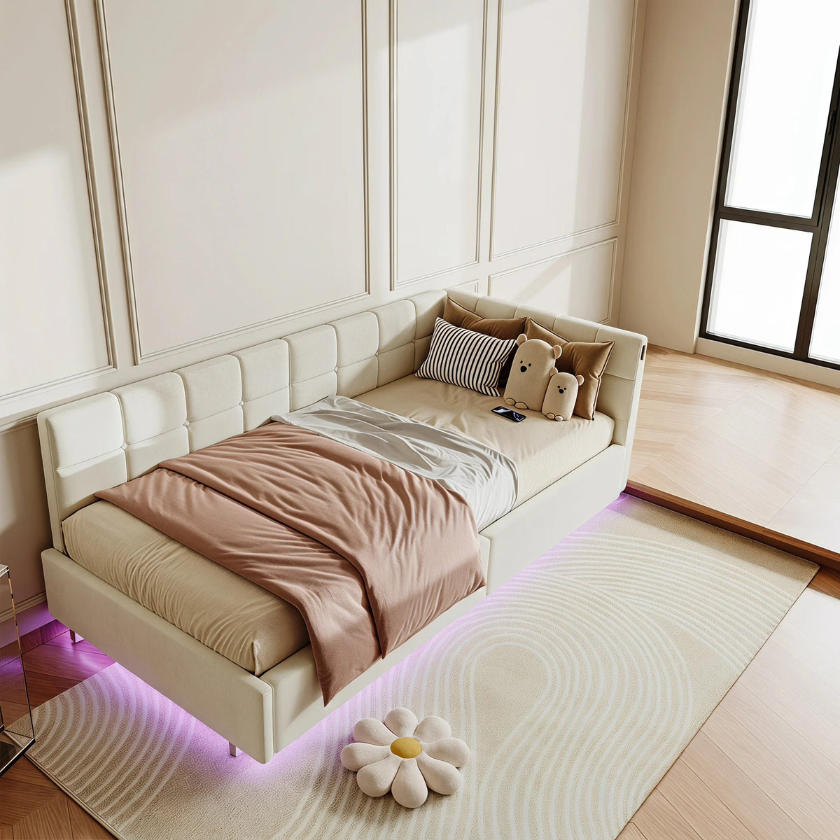 Single Bed 90x190 cm with Gas-Lift Storage, Floating Look and Metal Accents, Guest Bed and Daybed, Suitable for Adults and Children, without Mattress, in Grey Velvet Upholstery