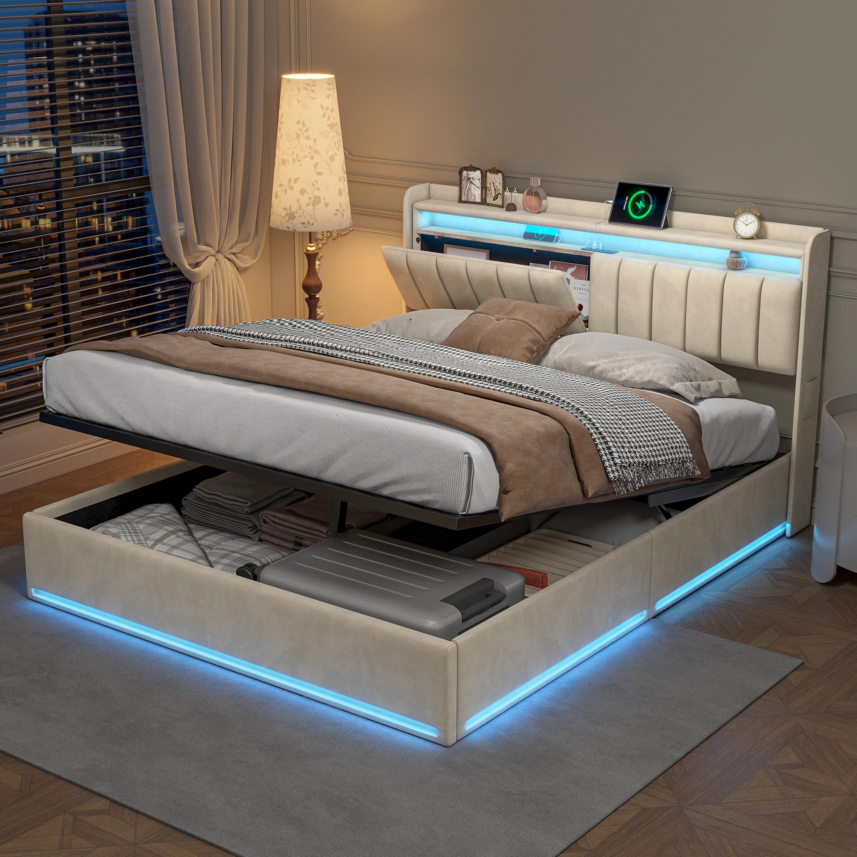 King Size Bed Frame 150x200cm with Hydraulic Storage, Storage Bed with  LED and Charging Station, Upholstered Double Bed with Storage Headboard and Wooden Slats, Velvet, No Mattress
