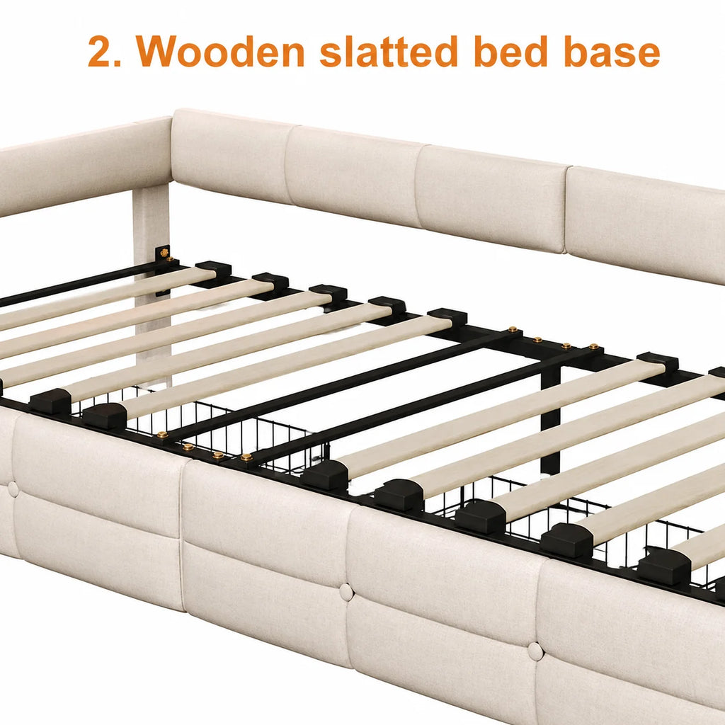 Upholstered Bed, 90x190 cm (3 ft), with 2 Drawers, Storage Compartment, Charging Station  and LED Strip; Guest Bed and Daybed; Suitable for Teens and Adults; Linen Fabric; Mattress Not Included; Beige