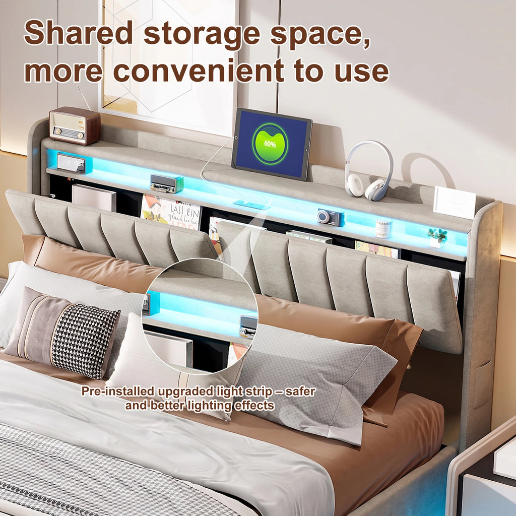 King Size Bed Frame 150x200cm with Hydraulic Storage, Storage Bed with  LED and Charging Station, Upholstered Double Bed with Storage Headboard and Wooden Slats, Velvet, No Mattress