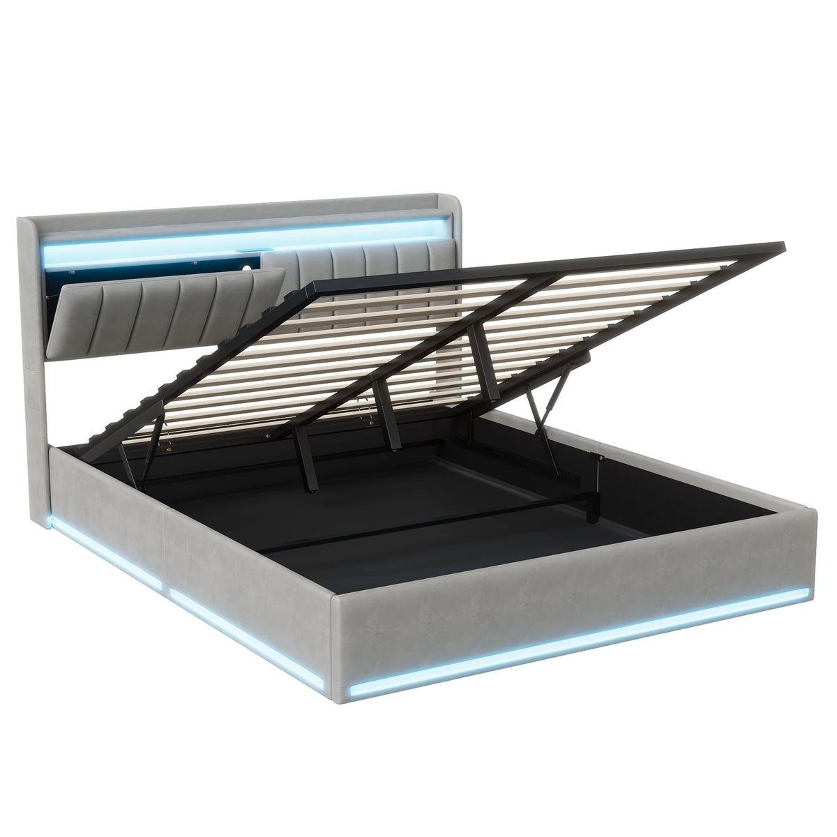 King Size Bed Frame 150x200cm with Hydraulic Storage, Storage Bed with  LED and Charging Station, Upholstered Double Bed with Storage Headboard and Wooden Slats, Velvet, No Mattress
