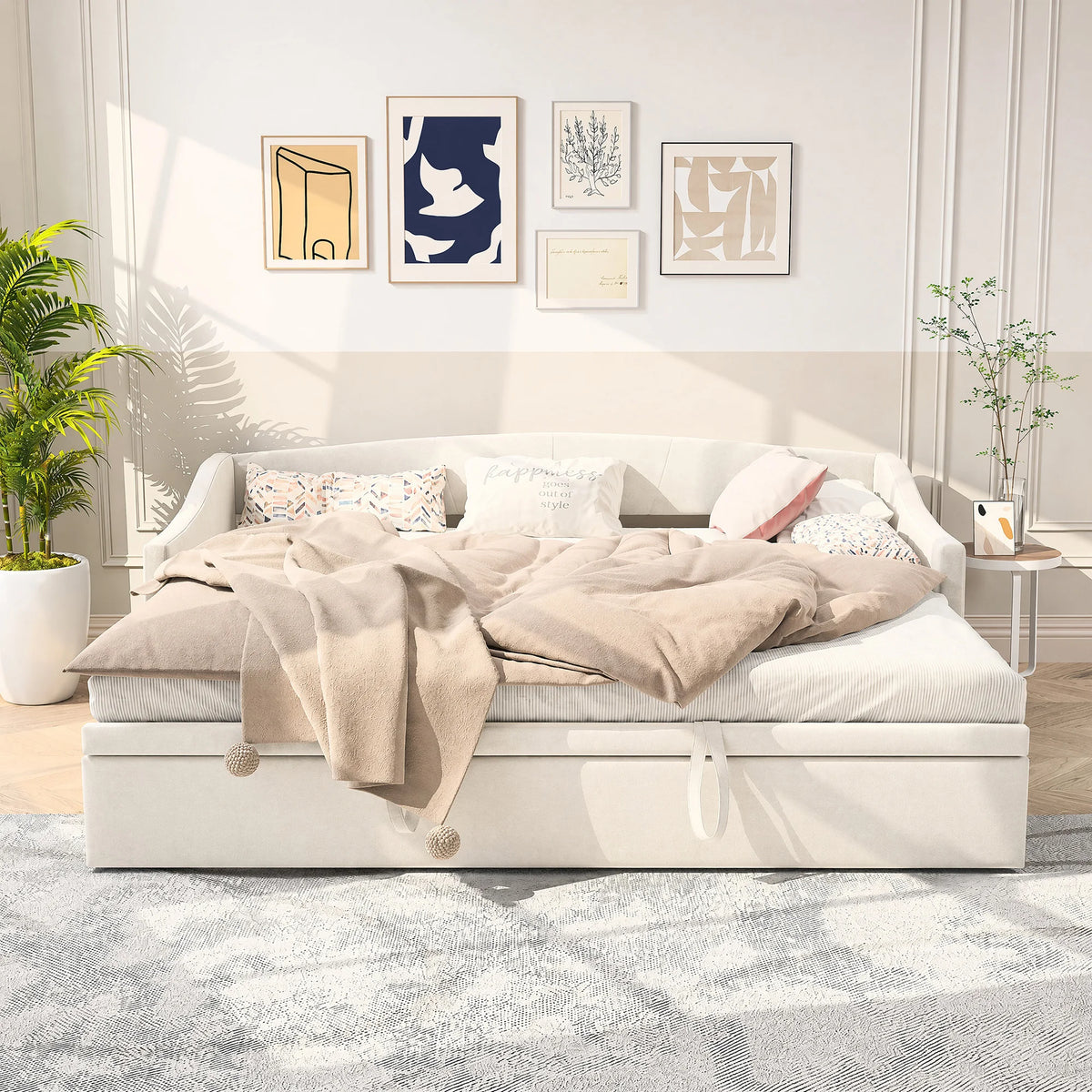 Woodenaura, 90 X 190 cm Upholstered Sofa Bed, Living Room Sofa, Dual-Purpose Living Room Sofa Bed, Multifunctional Pull-Out Sofa Bed, Single Guest Sofa Bed, Living Room Overnight Sofa, Velvet, Beige