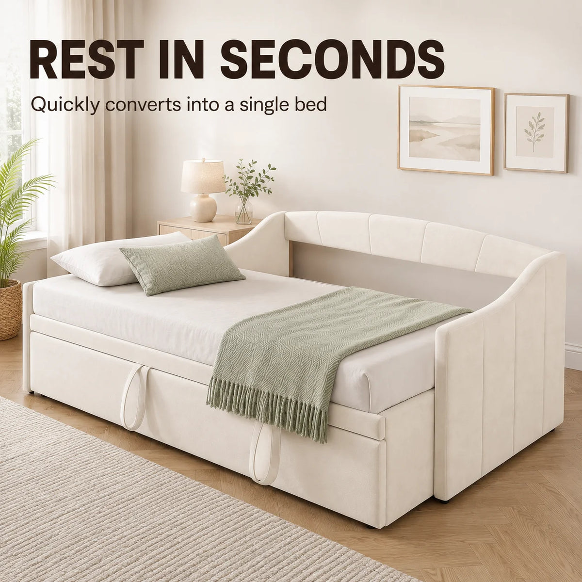 Daybed 90x190 cm, pull-out, sofa and guest bed, suitable for adults, children and teenagers, with beige velvet upholstery, without mattress