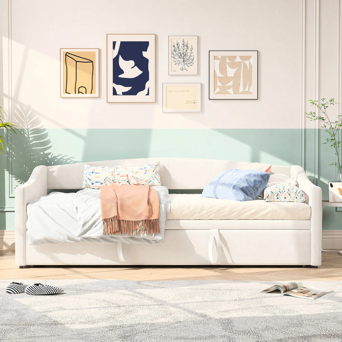 Woodenaura, 90 X 190 cm Upholstered Sofa Bed, Living Room Sofa, Dual-Purpose Living Room Sofa Bed, Multifunctional Pull-Out Sofa Bed, Single Guest Sofa Bed, Living Room Overnight Sofa, Velvet, Beige