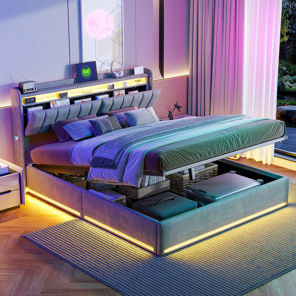King Size Bed Frame 150x200cm with Hydraulic Storage, Storage Bed with  LED and Charging Station, Upholstered Double Bed with Storage Headboard and Wooden Slats, Velvet, No Mattress