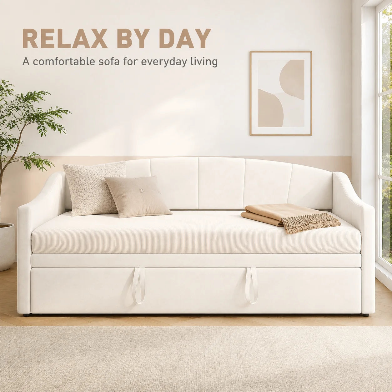 Daybed 90x190 cm, pull-out, sofa and guest bed, suitable for adults, children and teenagers, with beige velvet upholstery, without mattress