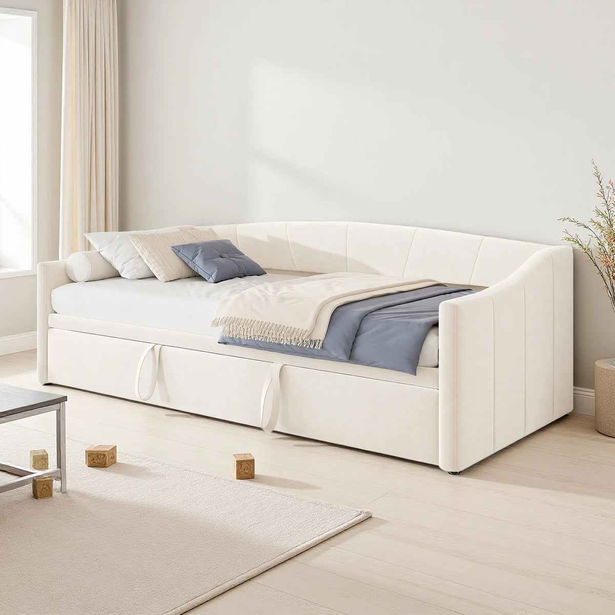 Woodenaura, 90 X 190 cm Upholstered Sofa Bed, Living Room Sofa, Dual-Purpose Living Room Sofa Bed, Multifunctional Pull-Out Sofa Bed, Single Guest Sofa Bed, Living Room Overnight Sofa, Velvet, Beige