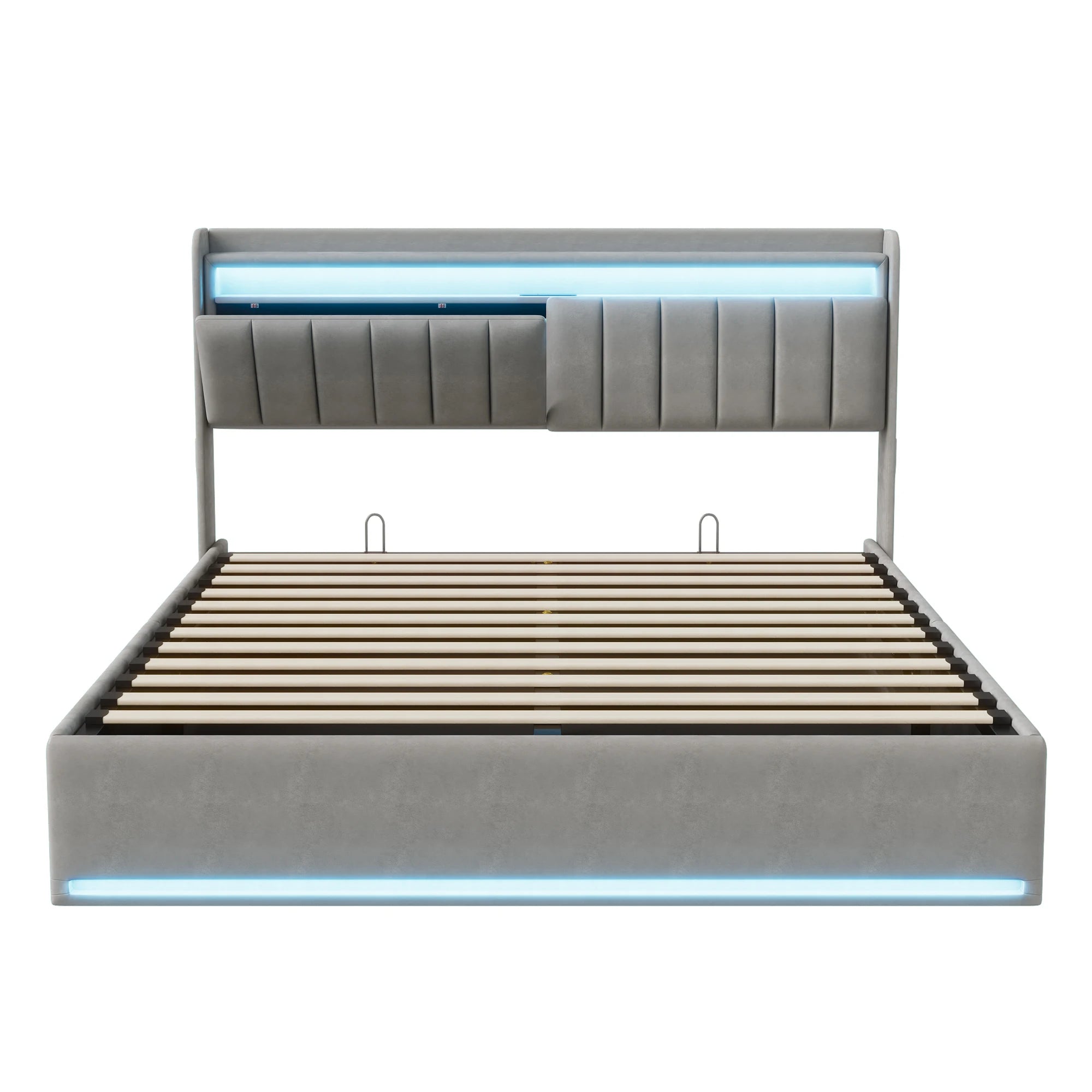 King Size Bed Frame 150x200cm with Hydraulic Storage, Storage Bed with  LED and Charging Station, Upholstered Double Bed with Storage Headboard and Wooden Slats, Velvet, No Mattress