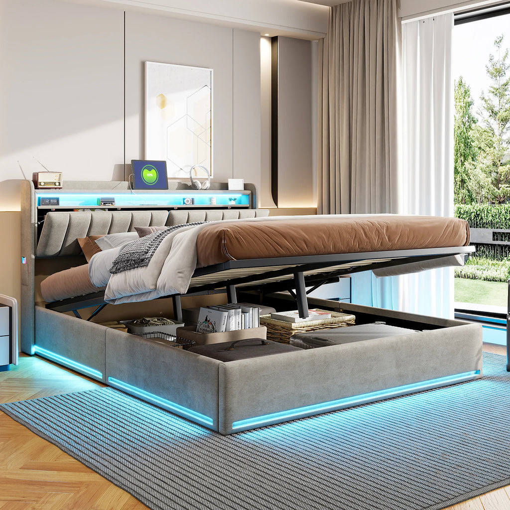 King Size Bed Frame 150x200cm with Hydraulic Storage, Storage Bed with  LED and Charging Station, Upholstered Double Bed with Storage Headboard and Wooden Slats, Velvet, No Mattress