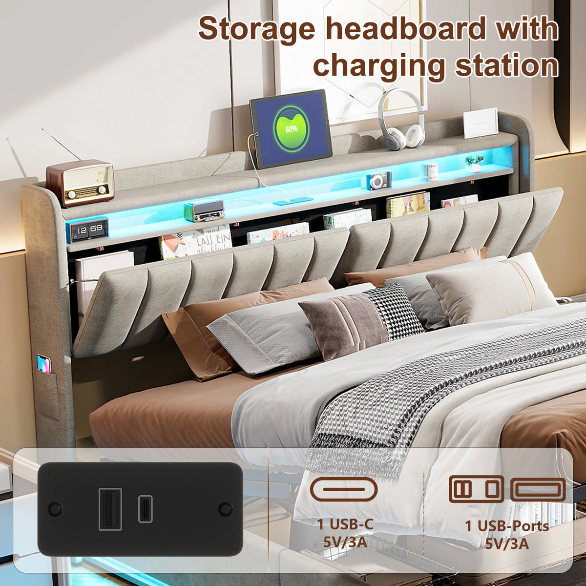 King Size Bed Frame 150x200cm with Hydraulic Storage, Storage Bed with  LED and Charging Station, Upholstered Double Bed with Storage Headboard and Wooden Slats, Velvet, No Mattress