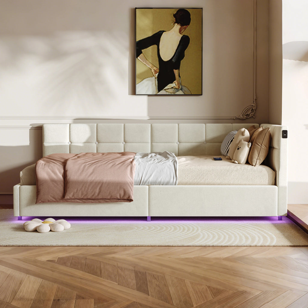 Single Bed 90x190 cm with Gas-Lift Storage, Floating Look and Metal Accents, Guest Bed and Daybed, Suitable for Adults and Children, without Mattress, in Grey Velvet Upholstery