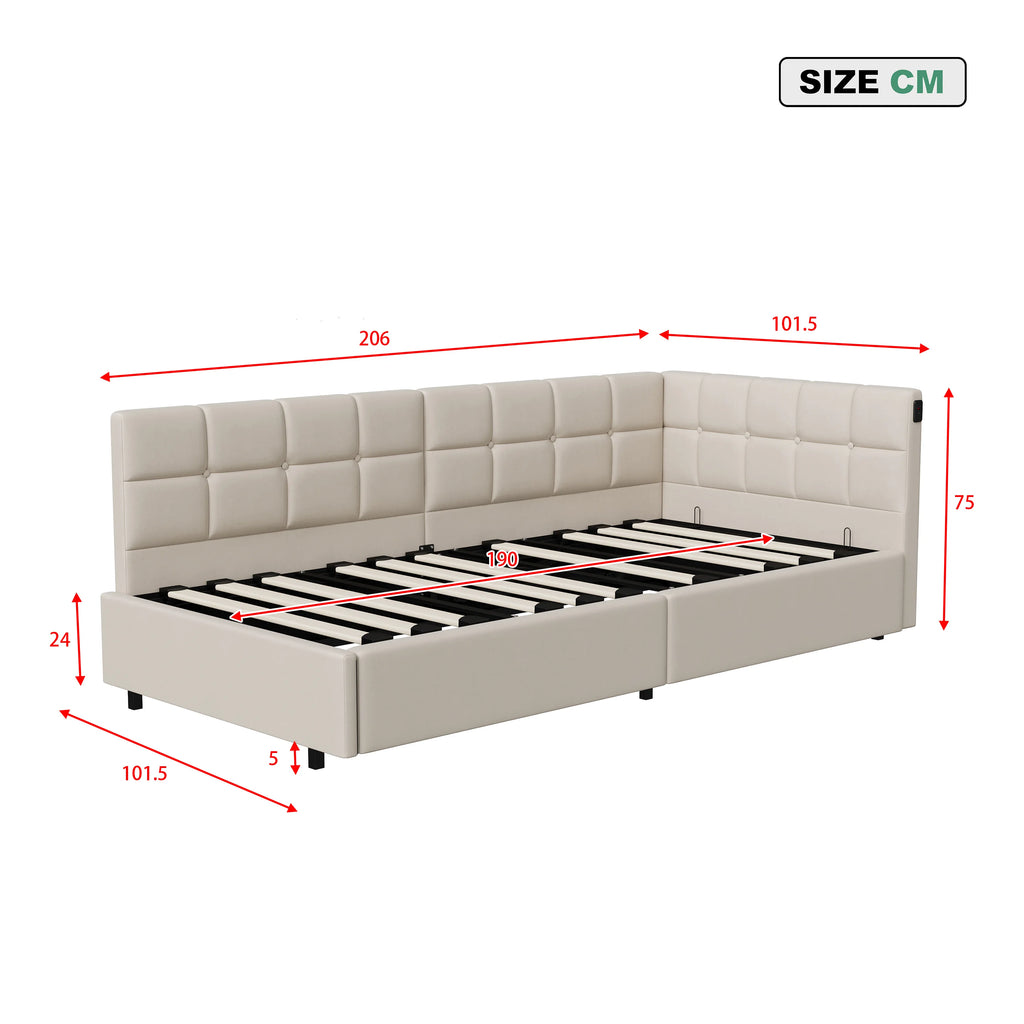 Single Bed 90x190 cm with Gas-Lift Storage, Floating Look and Metal Accents, Guest Bed and Daybed, Suitable for Adults and Children, without Mattress, in Grey Velvet Upholstery