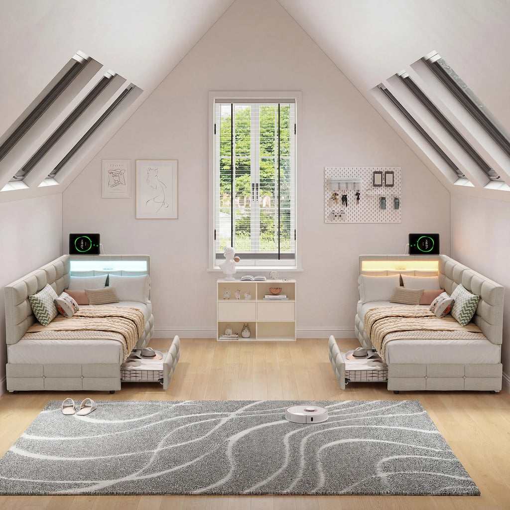 Upholstered Bed, 90x190 cm (3 ft), with 2 Drawers, Storage Compartment, Charging Station  and LED Strip; Guest Bed and Daybed; Suitable for Teens and Adults; Linen Fabric; Mattress Not Included; Beige