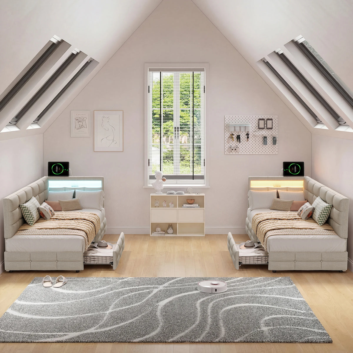 Upholstered Bed, 90x190 cm (3 ft), with 2 Drawers, Storage Compartment, Charging Station  and LED Strip; Guest Bed and Daybed; Suitable for Teens and Adults; Linen Fabric; Mattress Not Included; Beige