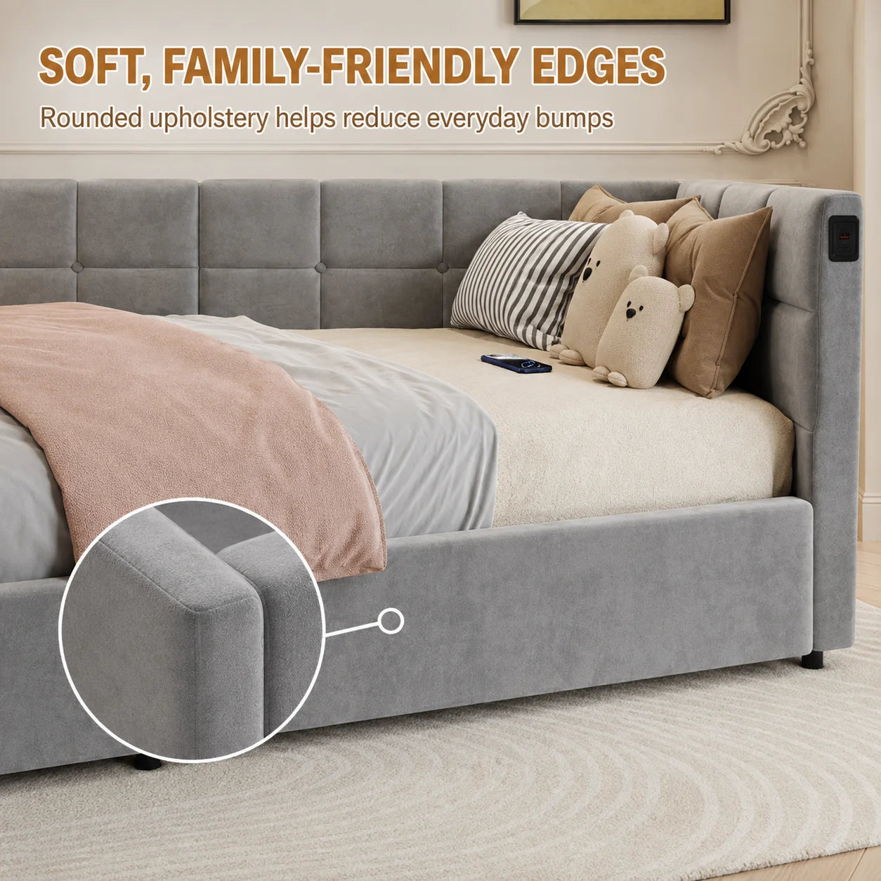 Single Bed 90x190 cm with Gas-Lift Storage, Floating Look and Metal Accents, Guest Bed and Daybed, Suitable for Adults and Children, without Mattress, in Grey Velvet Upholstery