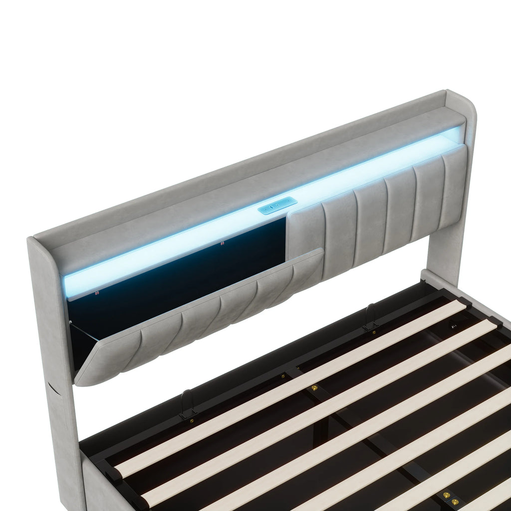King Size Bed Frame 150x200cm with Hydraulic Storage, Storage Bed with  LED and Charging Station, Upholstered Double Bed with Storage Headboard and Wooden Slats, Velvet, No Mattress