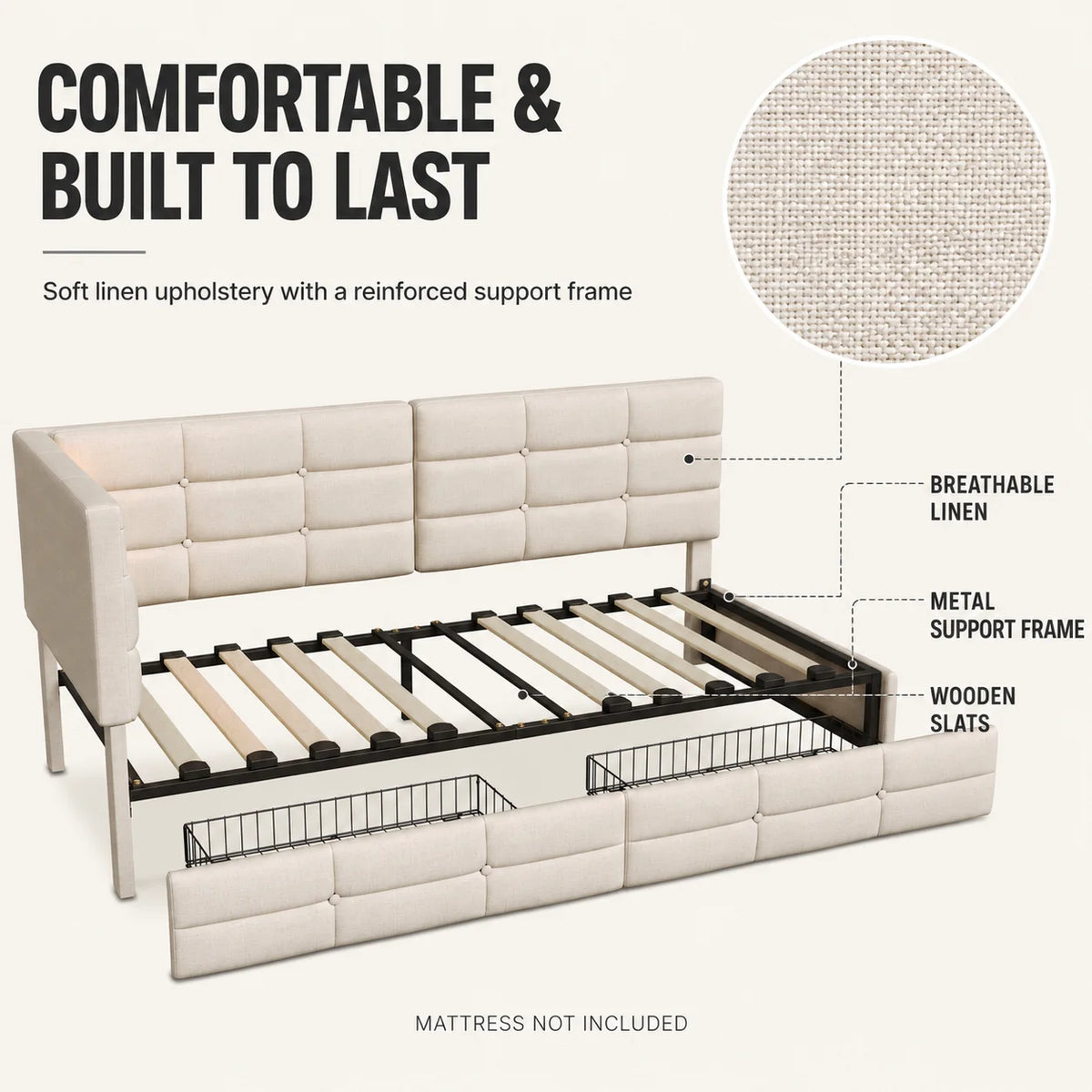 Upholstered Bed, 90x190 cm (3 ft), with 2 Drawers, Storage Compartment, Charging Station  and LED Strip; Guest Bed and Daybed; Suitable for Teens and Adults; Linen Fabric; Mattress Not Included; Beige