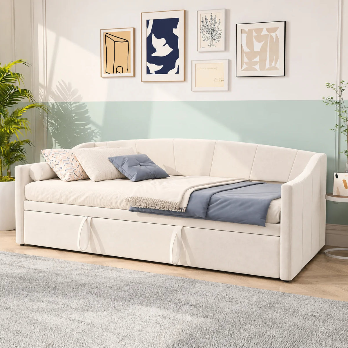 Daybed 90x190 cm, pull-out, sofa and guest bed, suitable for adults, children and teenagers, with beige velvet upholstery, without mattress