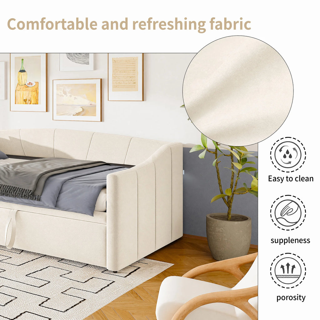 Woodenaura, 90 X 190 cm Upholstered Sofa Bed, Living Room Sofa, Dual-Purpose Living Room Sofa Bed, Multifunctional Pull-Out Sofa Bed, Single Guest Sofa Bed, Living Room Overnight Sofa, Velvet, Beige