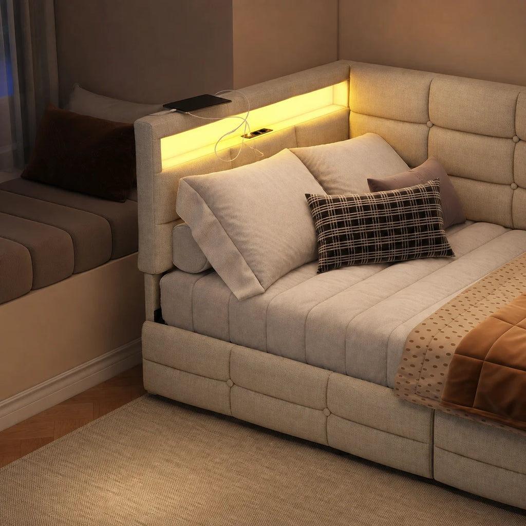 Upholstered Bed, 90x190 cm (3 ft), with 2 Drawers, Storage Compartment, Charging Station  and LED Strip; Guest Bed and Daybed; Suitable for Teens and Adults; Linen Fabric; Mattress Not Included; Beige