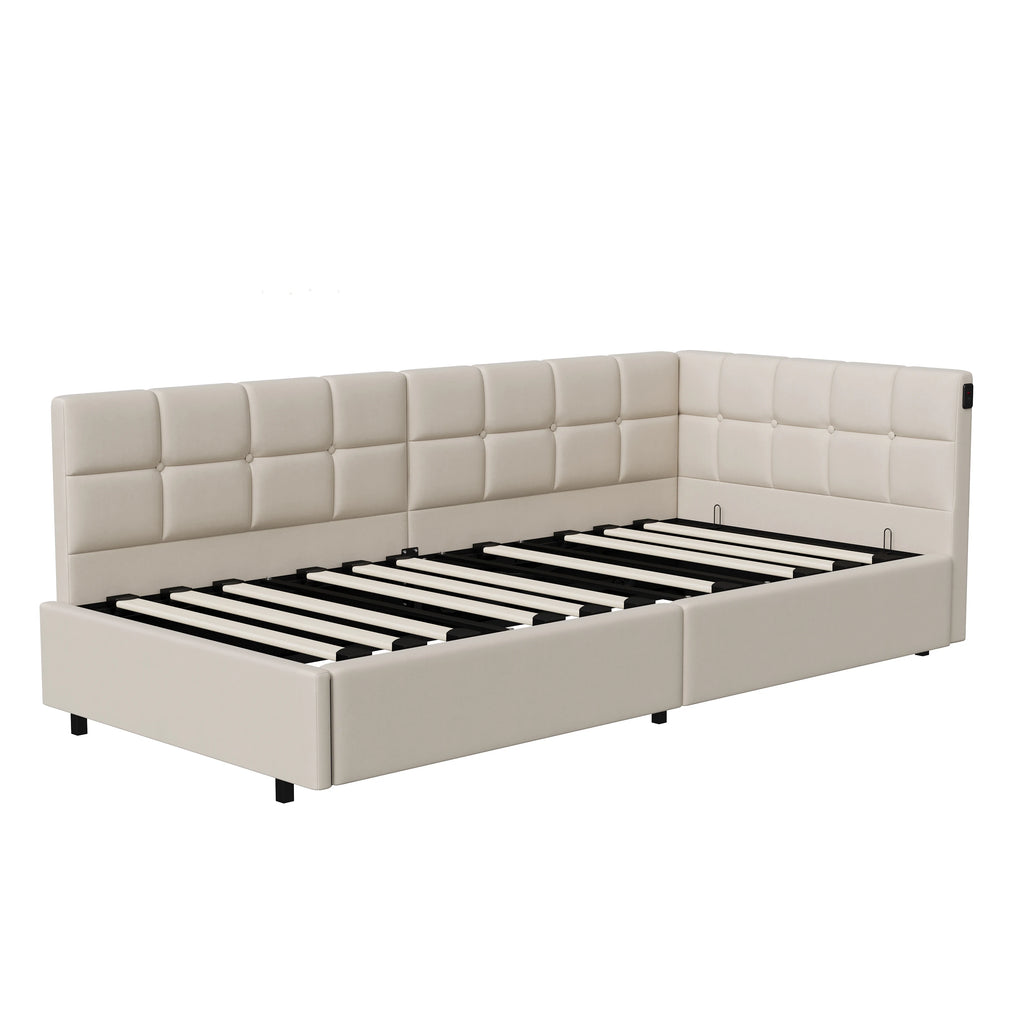 Single Bed 90x190 cm with Gas-Lift Storage, Floating Look and Metal Accents, Guest Bed and Daybed, Suitable for Adults and Children, without Mattress, in Grey Velvet Upholstery