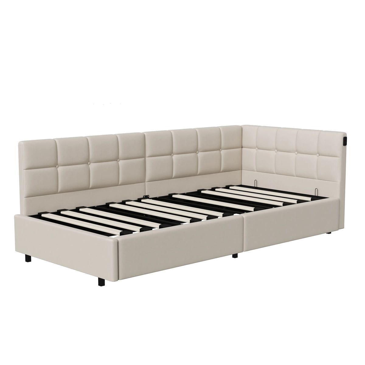 Single Bed 90x190 cm with Gas-Lift Storage, Floating Look and Metal Accents, Guest Bed and Daybed, Suitable for Adults and Children, without Mattress, in Grey Velvet Upholstery