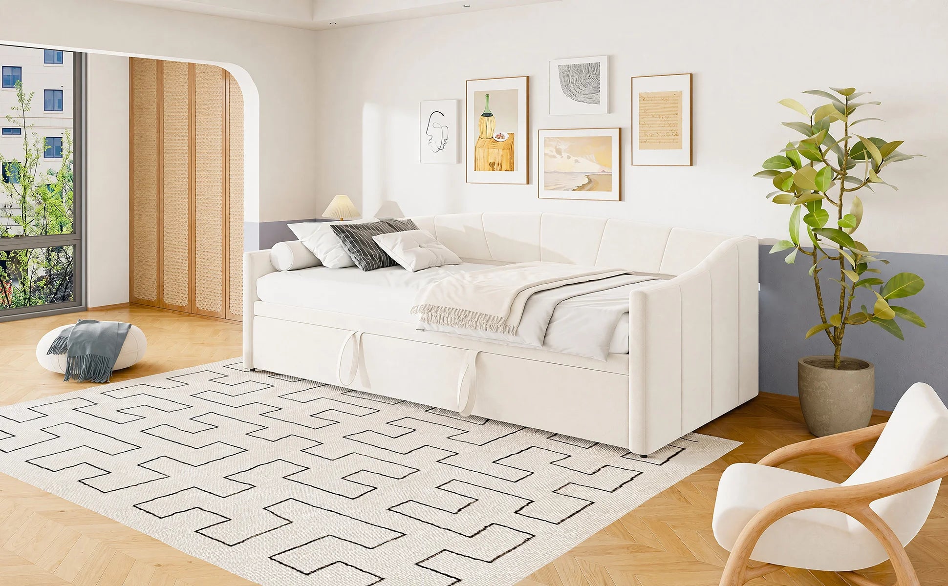 Woodenaura, 90 X 190 cm Upholstered Sofa Bed, Living Room Sofa, Dual-Purpose Living Room Sofa Bed, Multifunctional Pull-Out Sofa Bed, Single Guest Sofa Bed, Living Room Overnight Sofa, Velvet, Beige
