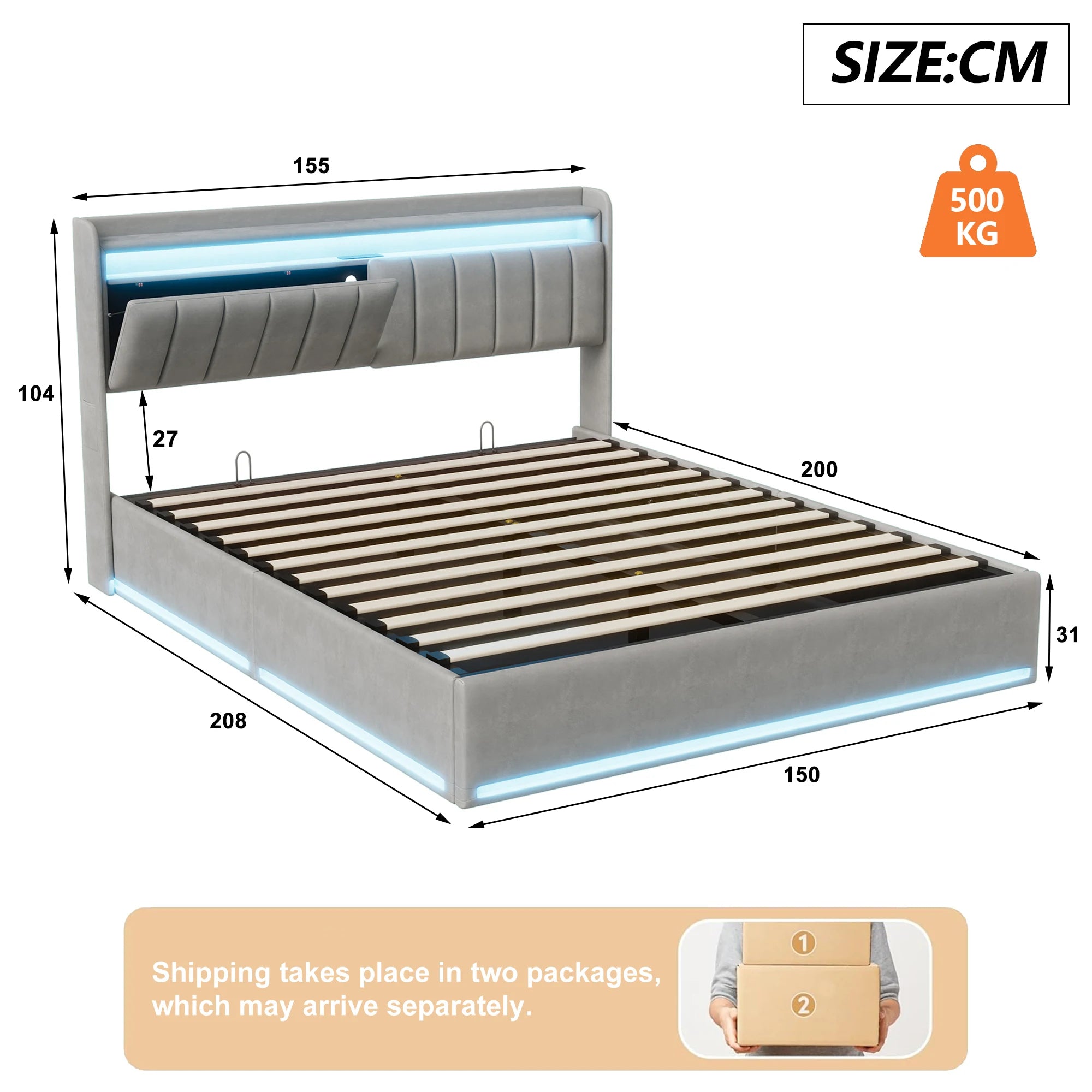 King Size Bed Frame 150x200cm with Hydraulic Storage, Storage Bed with  LED and Charging Station, Upholstered Double Bed with Storage Headboard and Wooden Slats, Velvet, No Mattress
