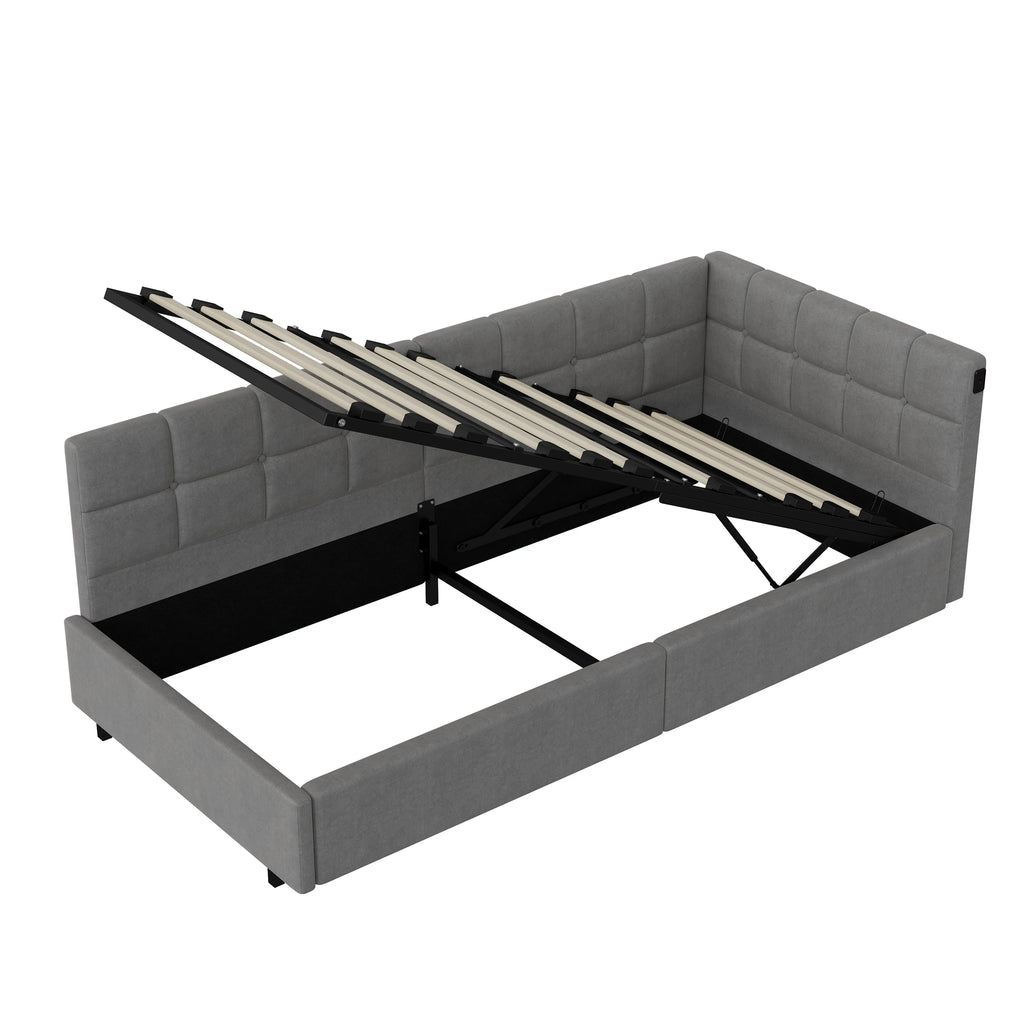 Single Bed 90x190 cm with Gas-Lift Storage, Floating Look and Metal Accents, Guest Bed and Daybed, Suitable for Adults and Children, without Mattress, in Grey Velvet Upholstery