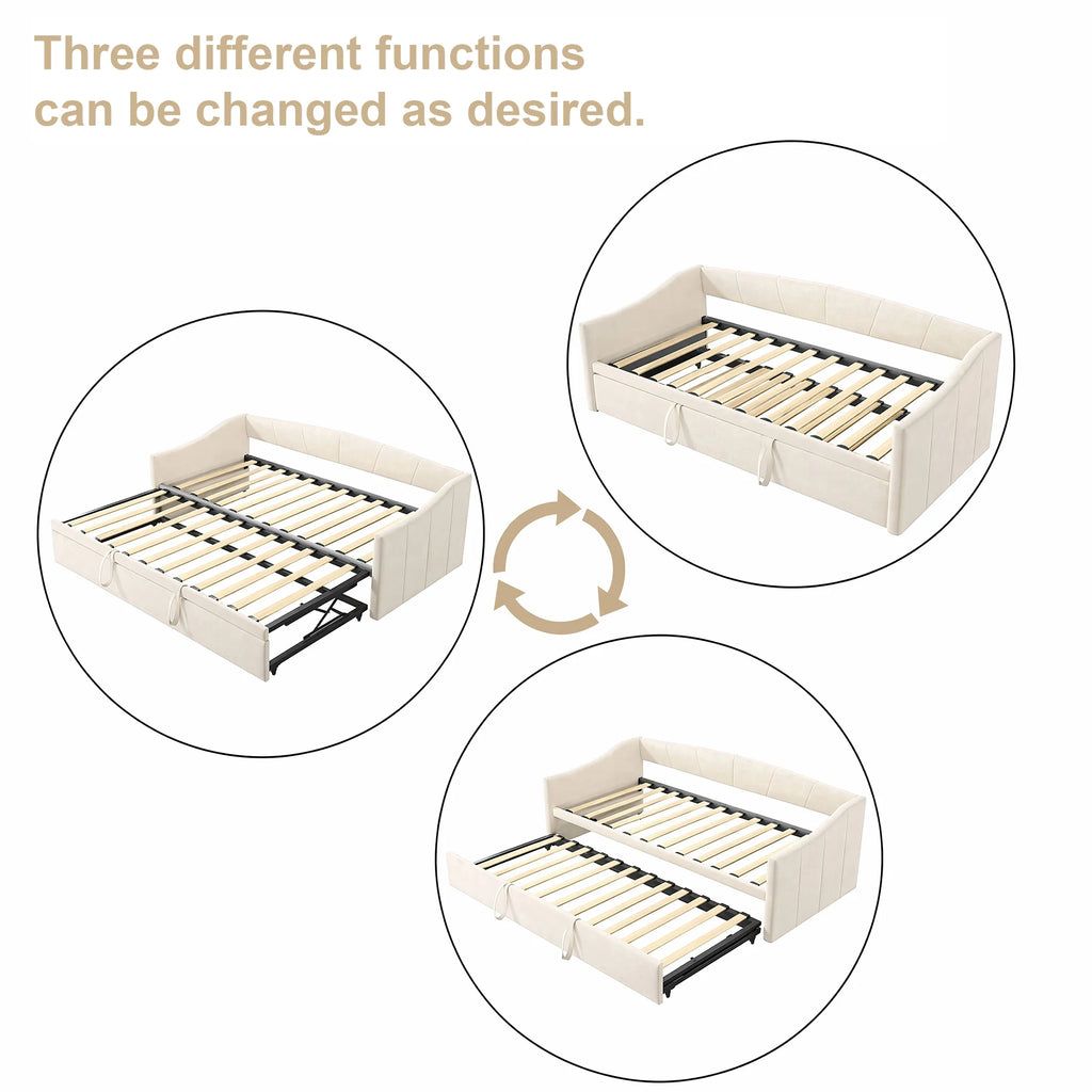 Woodenaura, 90 X 190 cm Upholstered Sofa Bed, Living Room Sofa, Dual-Purpose Living Room Sofa Bed, Multifunctional Pull-Out Sofa Bed, Single Guest Sofa Bed, Living Room Overnight Sofa, Velvet, Beige
