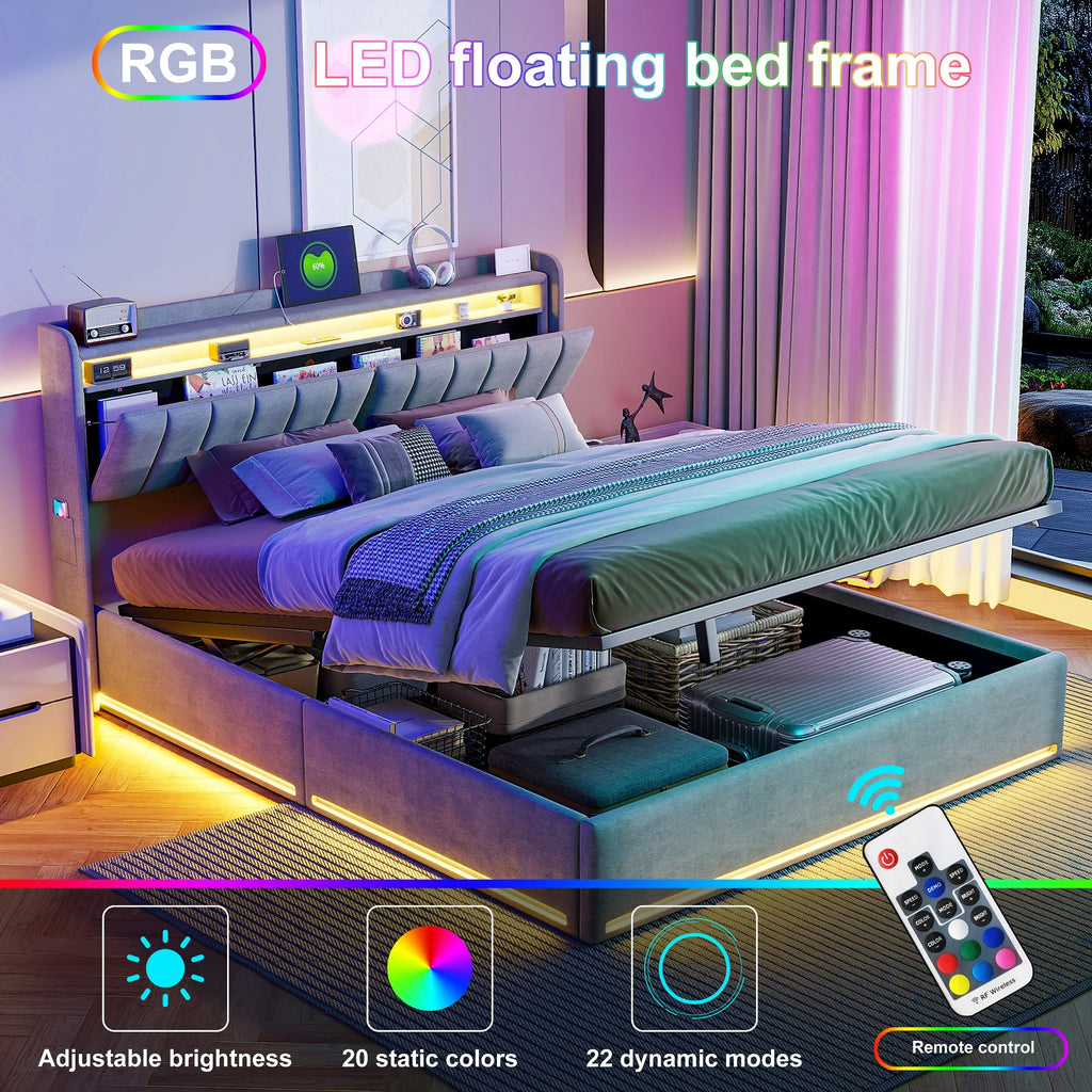 King Size Bed Frame 150x200cm with Hydraulic Storage, Storage Bed with  LED and Charging Station, Upholstered Double Bed with Storage Headboard and Wooden Slats, Velvet, No Mattress