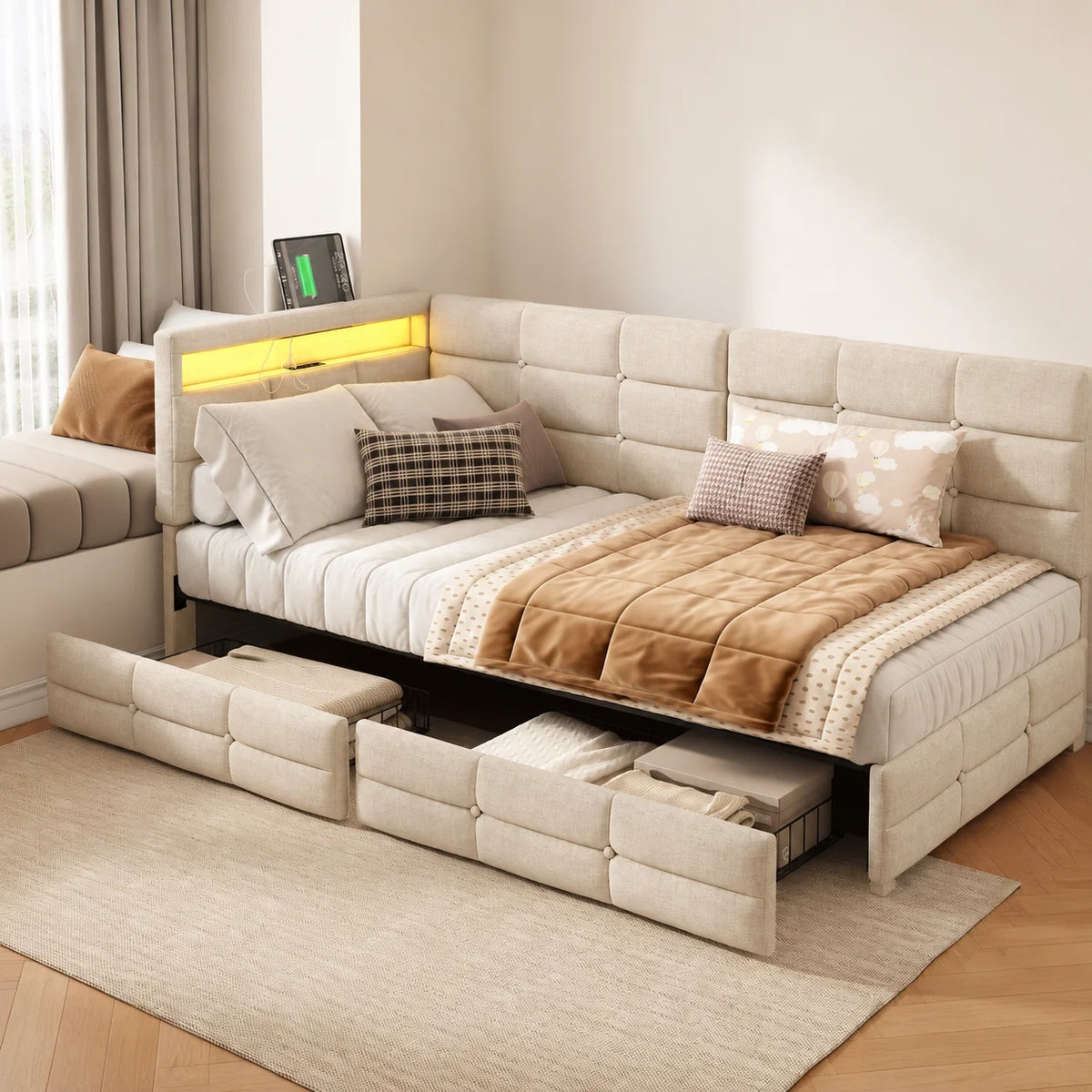 Upholstered Bed, 90x190 cm (3 ft), with 2 Drawers, Storage Compartment, Charging Station  and LED Strip; Guest Bed and Daybed; Suitable for Teens and Adults; Linen Fabric; Mattress Not Included; Beige