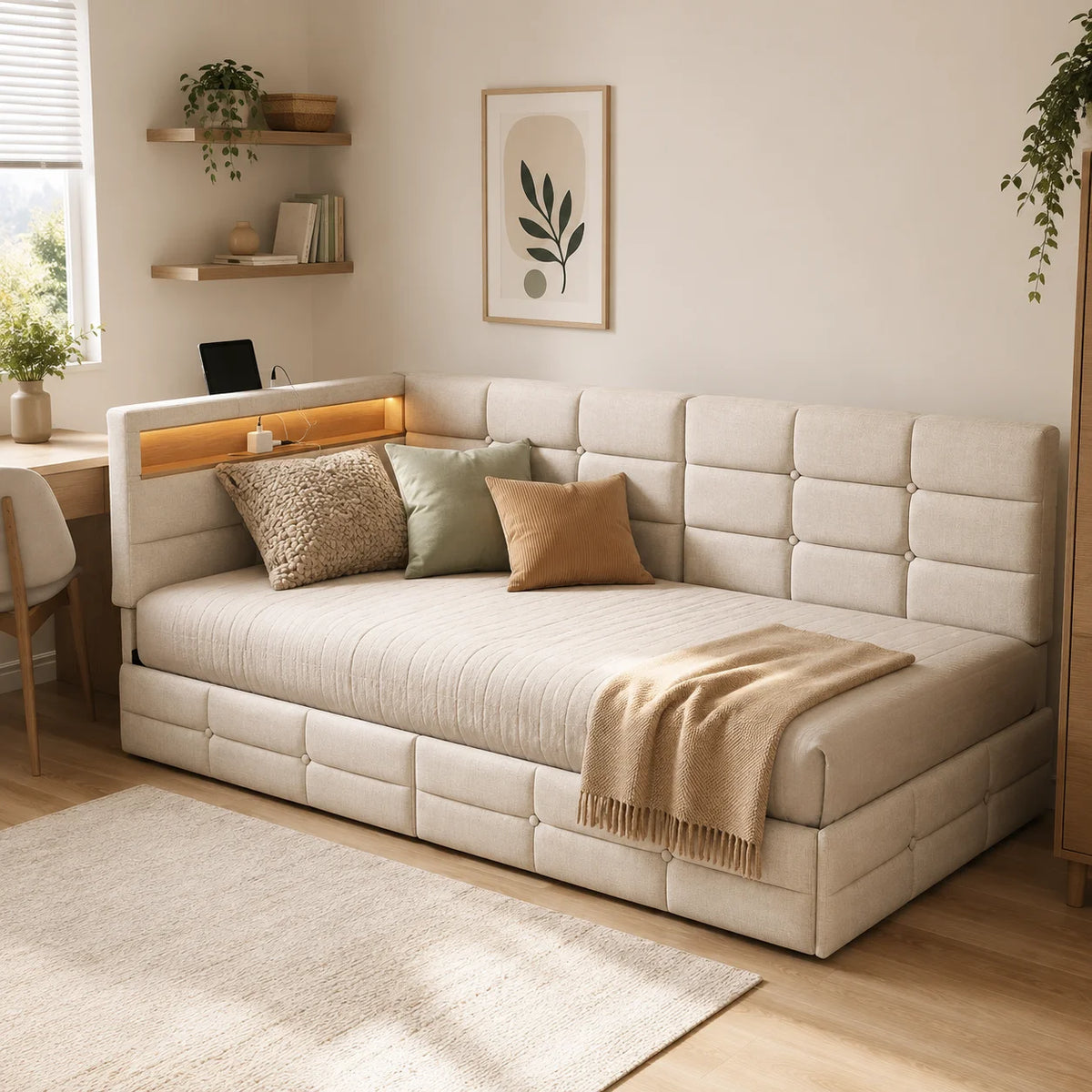 Upholstered Bed, 90x190 cm (3 ft), with 2 Drawers, Storage Compartment, Charging Station  and LED Strip; Guest Bed and Daybed; Suitable for Teens and Adults; Linen Fabric; Mattress Not Included; Beige