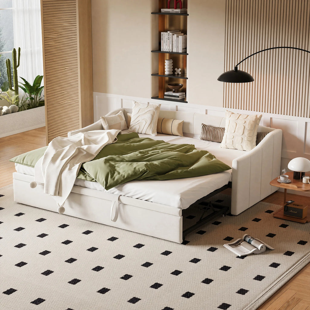 Woodenaura, 90 X 190 cm Upholstered Sofa Bed, Living Room Sofa, Dual-Purpose Living Room Sofa Bed, Multifunctional Pull-Out Sofa Bed, Single Guest Sofa Bed, Living Room Overnight Sofa, Velvet, Beige