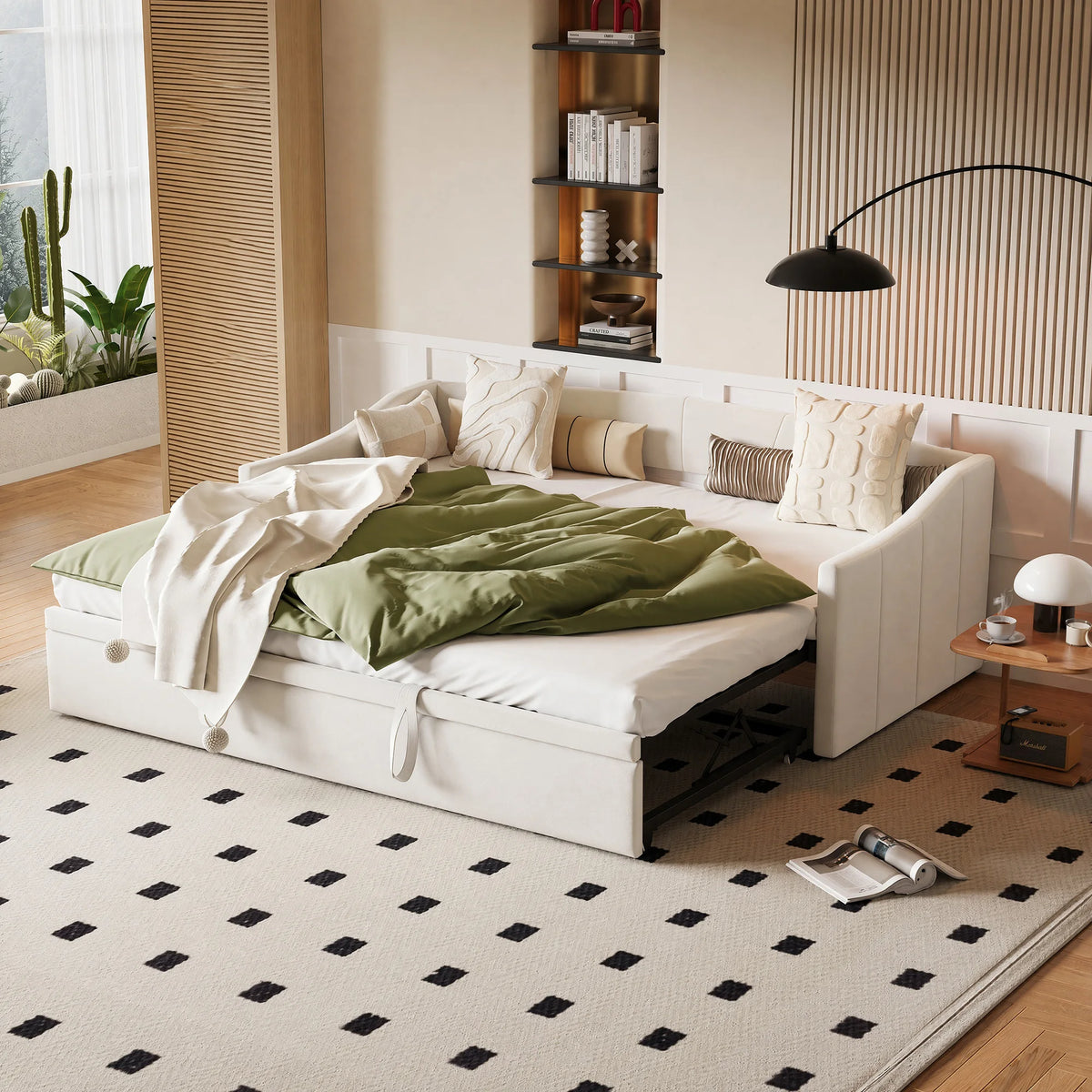 Woodenaura, 90 X 190 cm Upholstered Sofa Bed, Living Room Sofa, Dual-Purpose Living Room Sofa Bed, Multifunctional Pull-Out Sofa Bed, Single Guest Sofa Bed, Living Room Overnight Sofa, Velvet, Beige