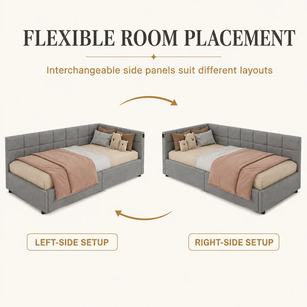 Single Bed 90x190 cm with Gas-Lift Storage, Floating Look and Metal Accents, Guest Bed and Daybed, Suitable for Adults and Children, without Mattress, in Grey Velvet Upholstery