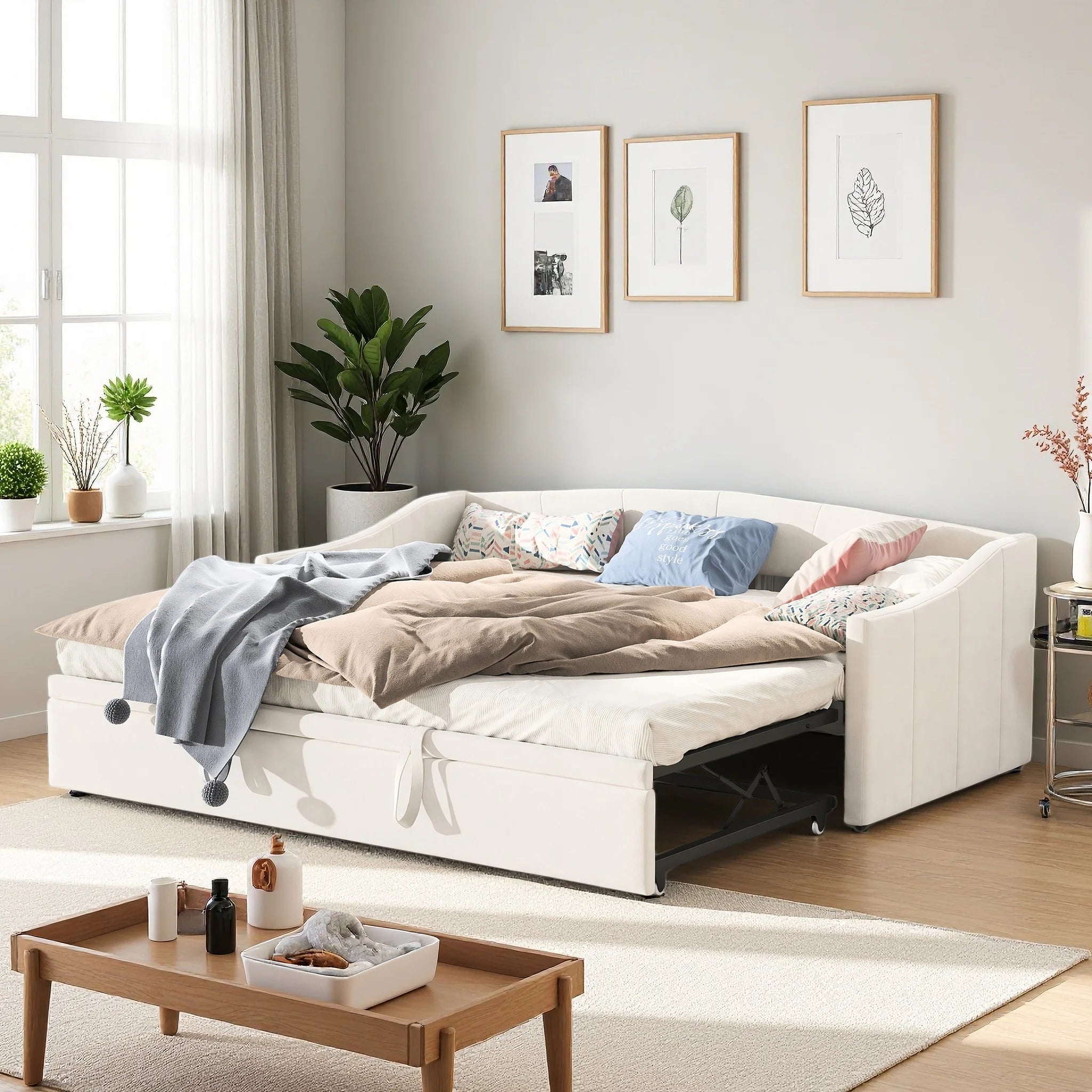 Woodenaura, 90 X 190 cm Upholstered Sofa Bed, Living Room Sofa, Dual-Purpose Living Room Sofa Bed, Multifunctional Pull-Out Sofa Bed, Single Guest Sofa Bed, Living Room Overnight Sofa, Velvet, Beige