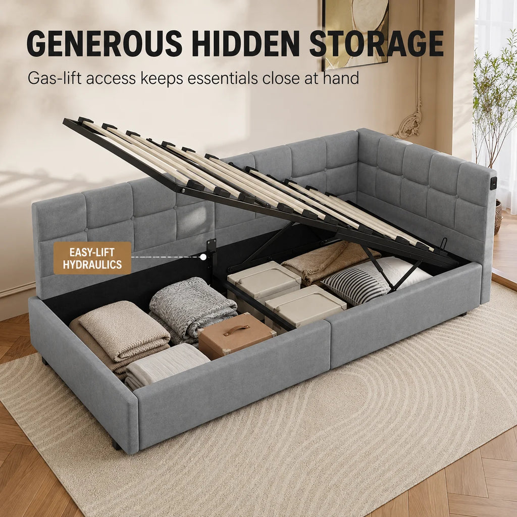 Single Bed 90x190 cm with Gas-Lift Storage, Floating Look and Metal Accents, Guest Bed and Daybed, Suitable for Adults and Children, without Mattress, in Grey Velvet Upholstery
