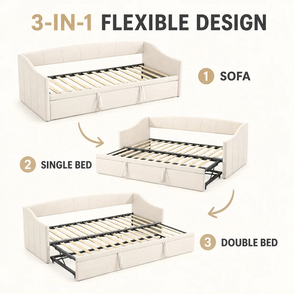 Daybed 90x190 cm, pull-out, sofa and guest bed, suitable for adults, children and teenagers, with beige velvet upholstery, without mattress
