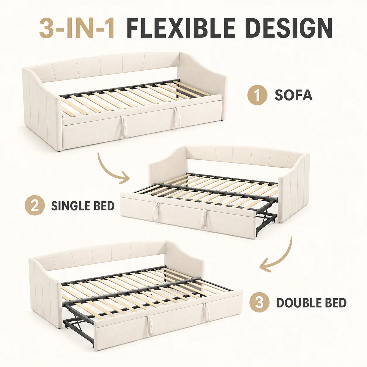 Daybed 90x190 cm, pull-out, sofa and guest bed, suitable for adults, children and teenagers, with beige velvet upholstery, without mattress