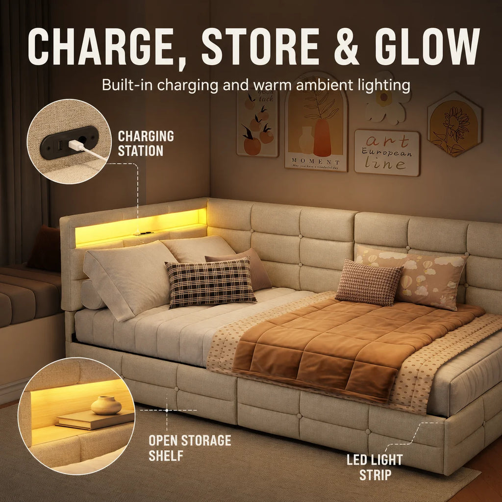Upholstered Bed, 90x190 cm (3 ft), with 2 Drawers, Storage Compartment, Charging Station  and LED Strip; Guest Bed and Daybed; Suitable for Teens and Adults; Linen Fabric; Mattress Not Included; Beige