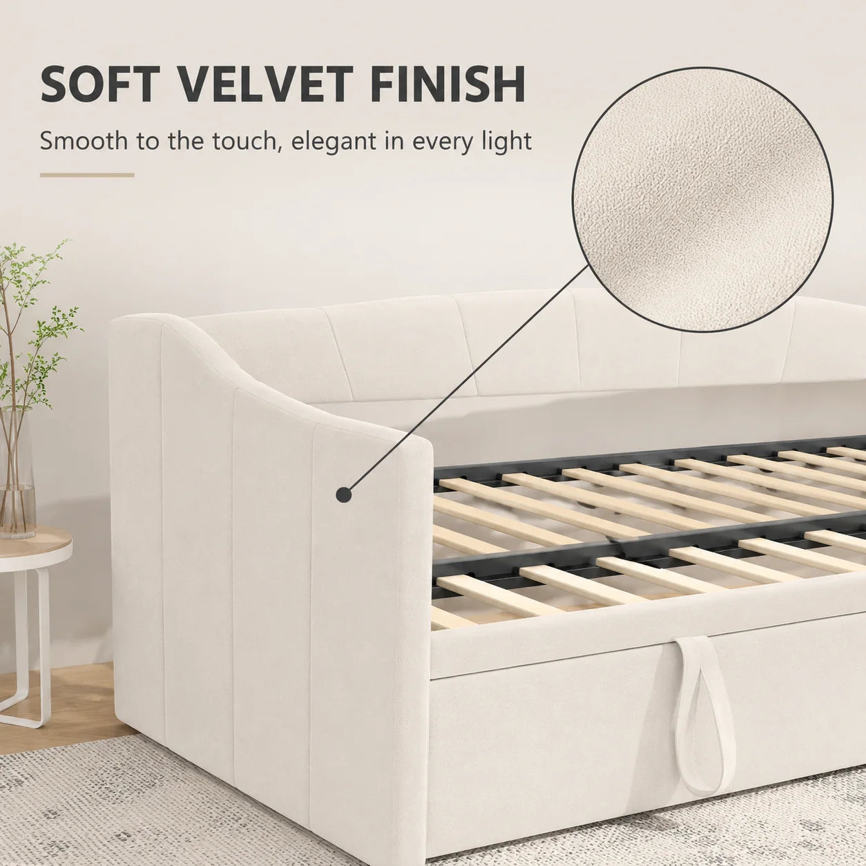 Daybed 90x190 cm, pull-out, sofa and guest bed, suitable for adults, children and teenagers, with beige velvet upholstery, without mattress