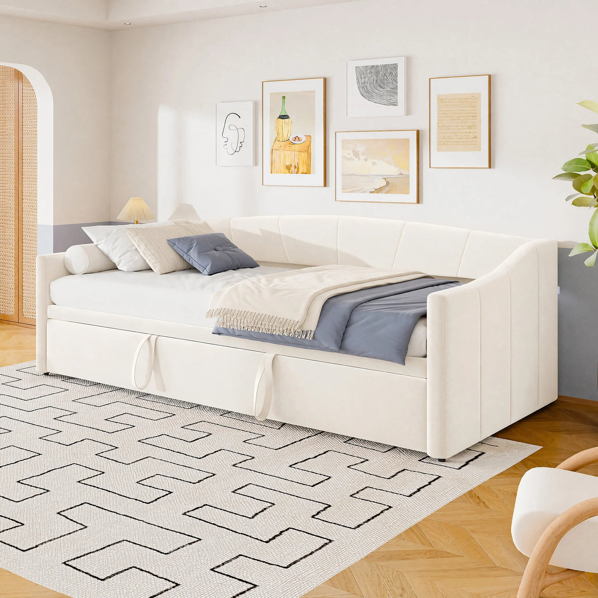 Woodenaura, 90 X 190 cm Upholstered Sofa Bed, Living Room Sofa, Dual-Purpose Living Room Sofa Bed, Multifunctional Pull-Out Sofa Bed, Single Guest Sofa Bed, Living Room Overnight Sofa, Velvet, Beige