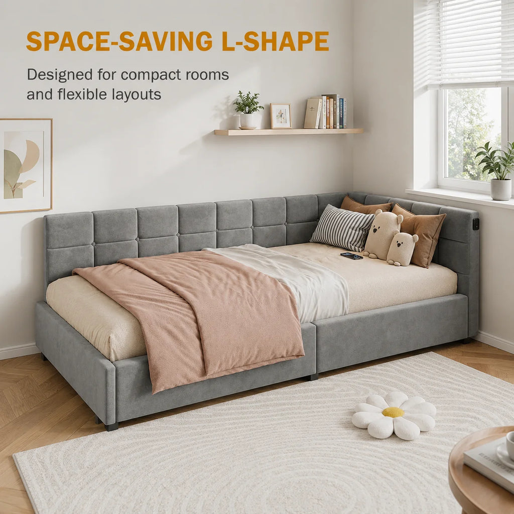 Single Bed 90x190 cm with Gas-Lift Storage, Floating Look and Metal Accents, Guest Bed and Daybed, Suitable for Adults and Children, without Mattress, in Grey Velvet Upholstery
