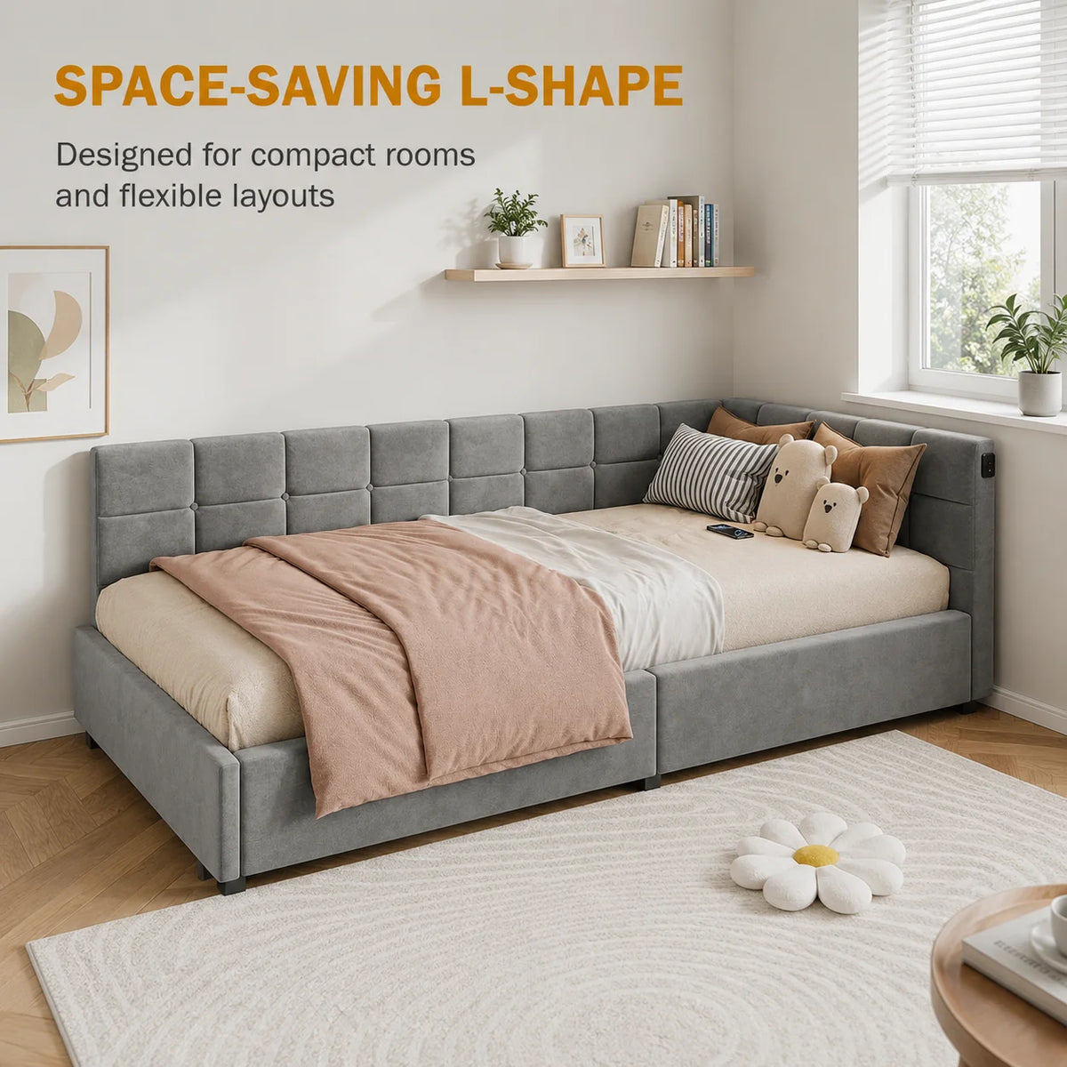 Single Bed 90x190 cm with Gas-Lift Storage, Floating Look and Metal Accents, Guest Bed and Daybed, Suitable for Adults and Children, without Mattress, in Grey Velvet Upholstery